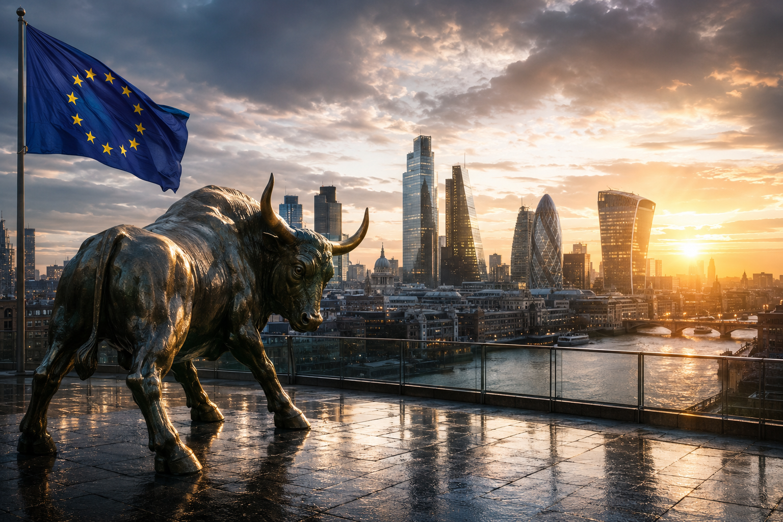 Bronze Bull Over London Skyline.